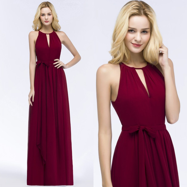 2018 Burgundy Chiffon Long Bridesmaid Dresses Halter Ruched Sash Floor Length Summer Beach Wedding Guest Evening Dresses CPS868