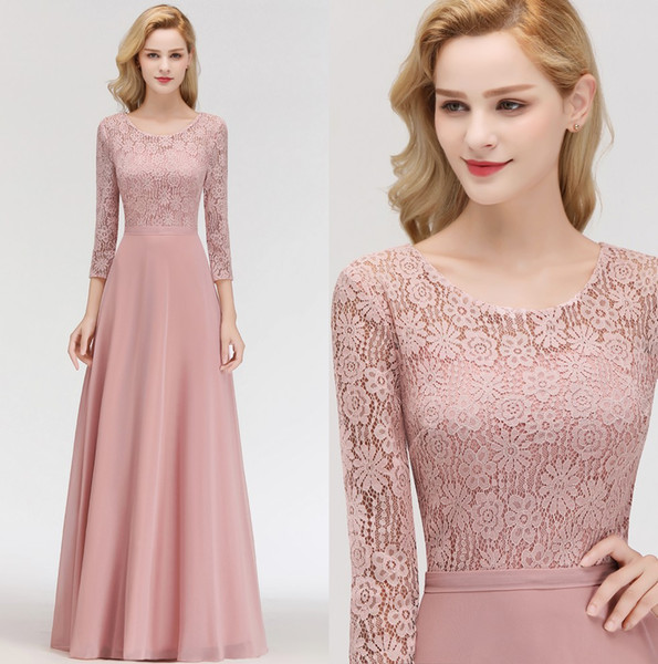 Elegant Long Sleeves Chiffon Bridesmaid Dresses Lace Top Ruched Floor Length Mother Of The Bride Evening Dresses 100% Real Image BM0056