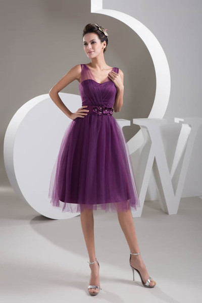 V Neck Tulle Short Bridesmaid Dresses Purple Ruched Floral Sash Knee Length Empire Formal Wedding Guest Maid Of Honor Dresses WD4-839