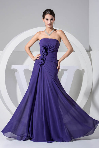 Strapless Chiffon Long Bridesmaid Dresses Ruched Floral Floor Length Formal Wedding Guest Maid Of Honor Dresses WD1-019