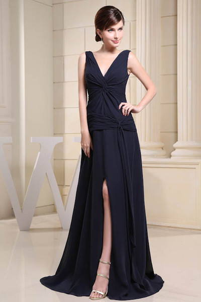 V Neck Chiffon Long Bridesmaid Dresses Navy Blue Ruched Split Floor Length Formal Wedding Guest Maid Of Honor Dresses WD3-043
