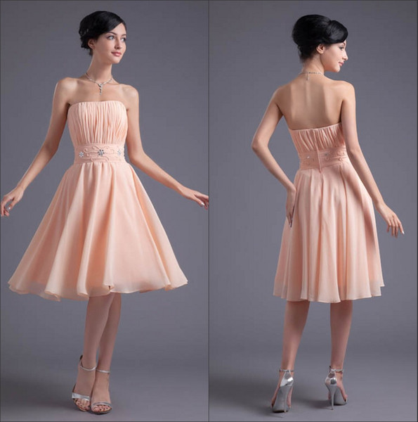 Strapless Chiffon Short Bridesmaid Dresses Ruffles Knee Length Beaded Sash Formal Wedding Guest Maid Of Honor Cocktail Dresses ZPT139