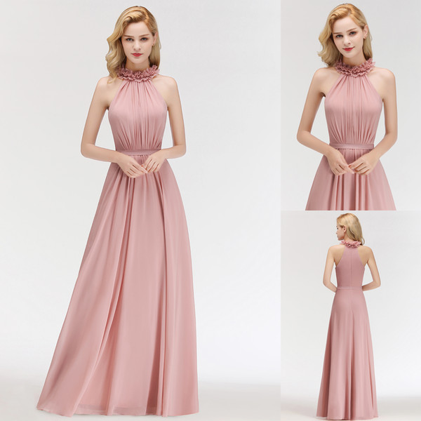 Cheap Elegant Blush Pink Bridesmaid Dresses Long Floor Length Chiffon Ruched Sleeveless Formal Evening Prom Party Gown Under $50 CPS1059