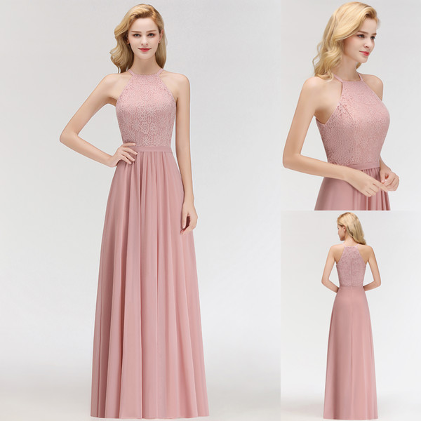 Real Image Cheap Designer Blush Pink Bridesmaid Dresses Sexy Halter Lace Chiffon Floor Length Maid of Honor Gown Under $50 CPS1072