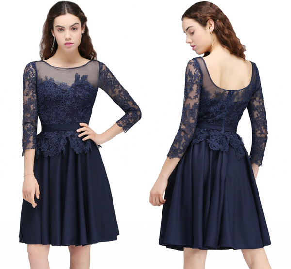 2018 New Fashion Navy Blue Designer Bridesmaid Dresses Sheer Lace Tulle Dresses Knee Length Vintage Maid of Honor Gowns Long Sleeves CPS704