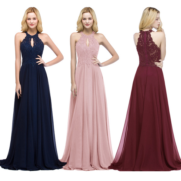 New Cheap Navy Blue Designer Bridesmaid Dresses Lace Beaded Top Floor Length Chiffon Maid of Honor Gowns Wedding Guests Wear CPS866