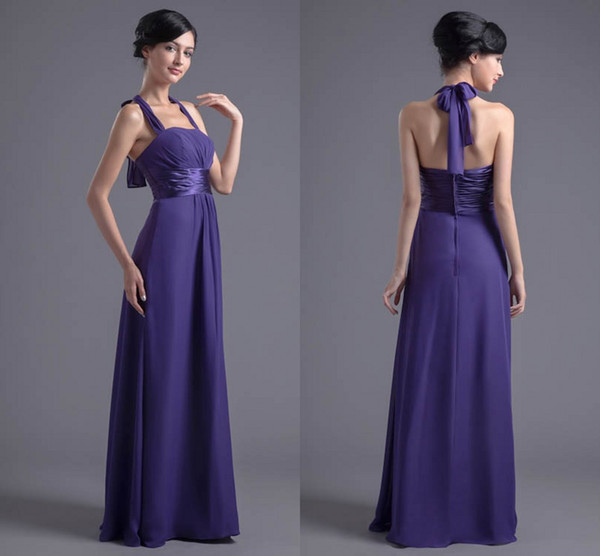 Cheap Actual Pictures Purple A Line Bridesmaid Dresses Chiffon Halter Neck Floor Length Maid of Honor Dresses Wedding Guest Gowns ZPT010