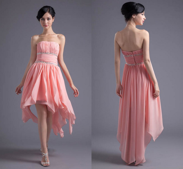 Sale Simple Cheap Long Short Coral Bridesmaid Dresses Beads Chiffon Strapless Pleats Formal Maid of Honor Dresses Wedding Guest Gowns ZPT008