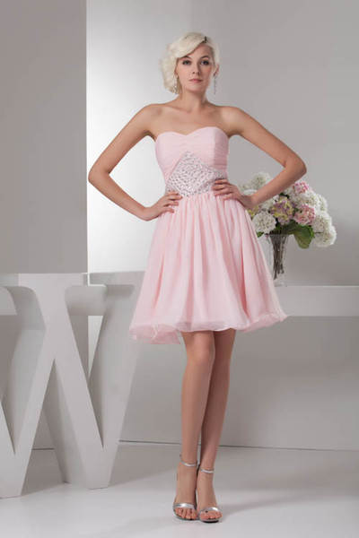 Beads Cheap Pink Sweetheart Ruffles Pleats Chiffon Cheap Short Bridesmaid Dresses Formal Maid of Honor Dresses Wedding Guest Gowns WD4-130