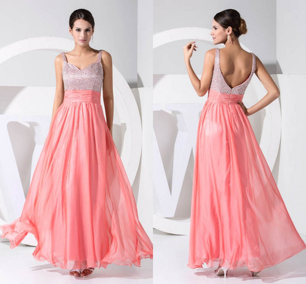 Coral Sexy Real Pictures Spaghetti Chiffon Cheap Bridesmaid Dresses Sweep Train Formal Maid of Honor Dresses Wedding Guest Gowns WD1-024