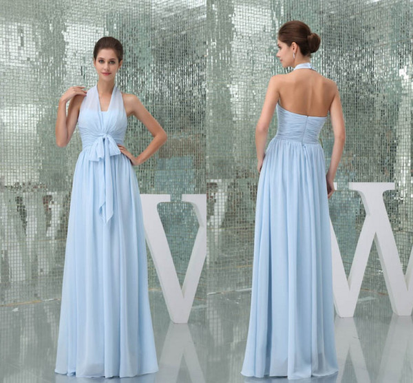 New Actual Pictures Ice Blue A Line Bridesmaid Dresses Chiffon Halter Neck Floor Length Maid of Honor Dresses Wedding Guest Gowns WD5-078
