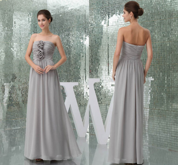 Gray New Actual Pictures A Line Bridesmaid Dresses Chiffon Strapless Floor Length Maid of Honor Dresses Wedding Guest Gowns WD5-055