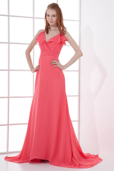Sexy V Neck Ruffles Pleats Chiffon Cheap Long A Line Bridesmaid Dresses Formal Maid of Honor Dresses Wedding Guest Gowns ZPT053