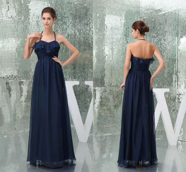 Navy Blue New Actual Pictures A Line Bridesmaid Dresses Chiffon Halter Neck Floor Length Maid of Honor Dresses Wedding Guest Gowns WD5-038