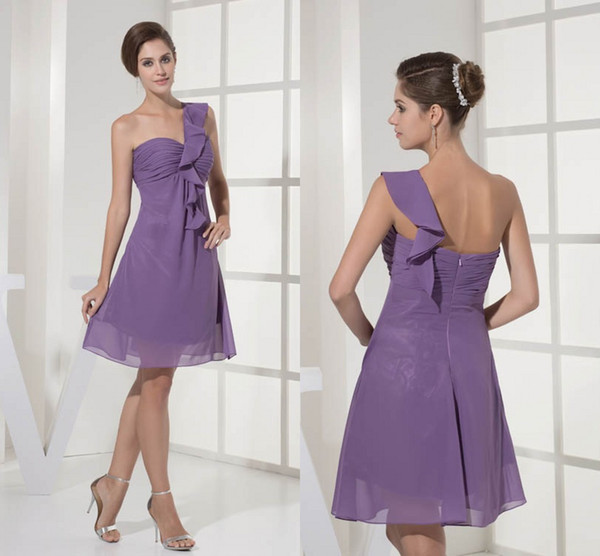 Purple Chiffon Cheap Short Bridesmaid Dresses One Shoulder Ruffles Pleats Formal Maid of Honor Dresses Wedding Guest Gowns WD4-361