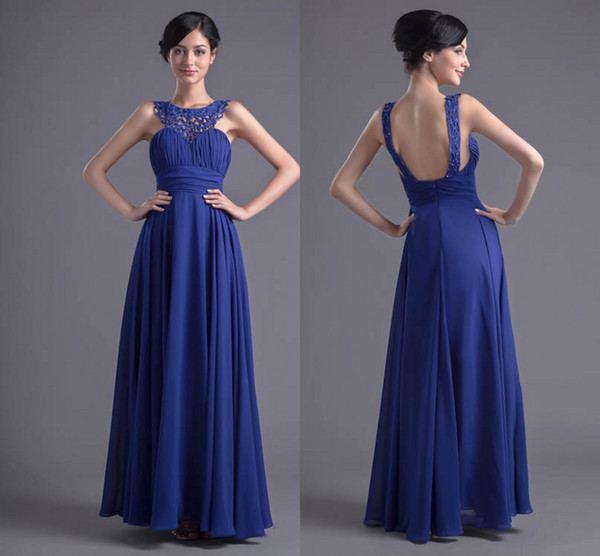 Cheap Actual Pictures Royal Blue A Line Bridesmaid Dresses Chiffon Lace Jewel Neck Floor Length Maid of Honor Dresses Wedding Guest Gowns