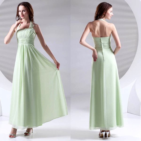 Hot Sale Sage Green Bridesmaids Dresses For Summer Beach Boho Weddings Ruffles Ruched Halter Chiffon Maid Of Honor Gowns ZPT411