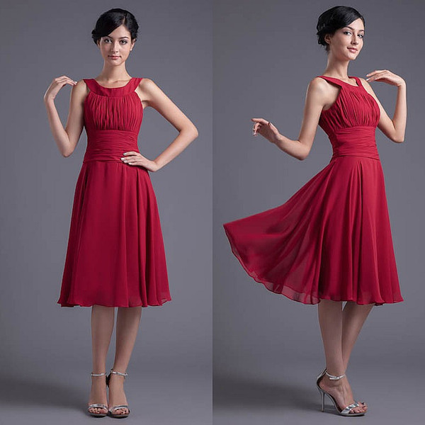 Burgundy Short Bridesmaid Dresses Jewel Neck Pleats Ruched Chiffon Evening Party Gowns Formal Maid of Honor Dress For Wedding ZPT147