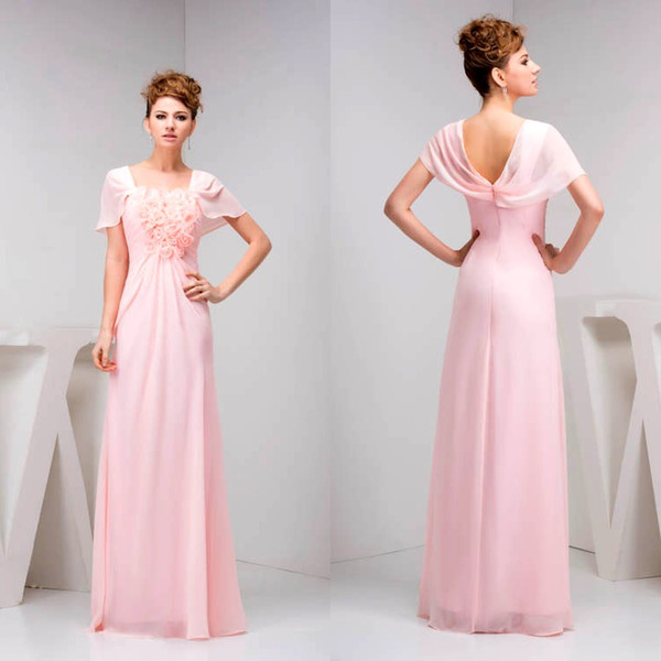Pink Sweet Romantic Bridesmaid Dresses Floor Length Cap Sleeves Maid of Honor Formal Gowns Country Long 3D-Flower Chiffon Dress WD4-1042