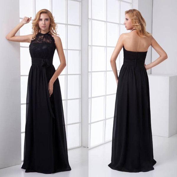 Black Halter Neck Lace Bridesmaid Dresses Summer Beach Chiffon Evening Party Gowns For Wedding Guests Prom Gowns ZPT172