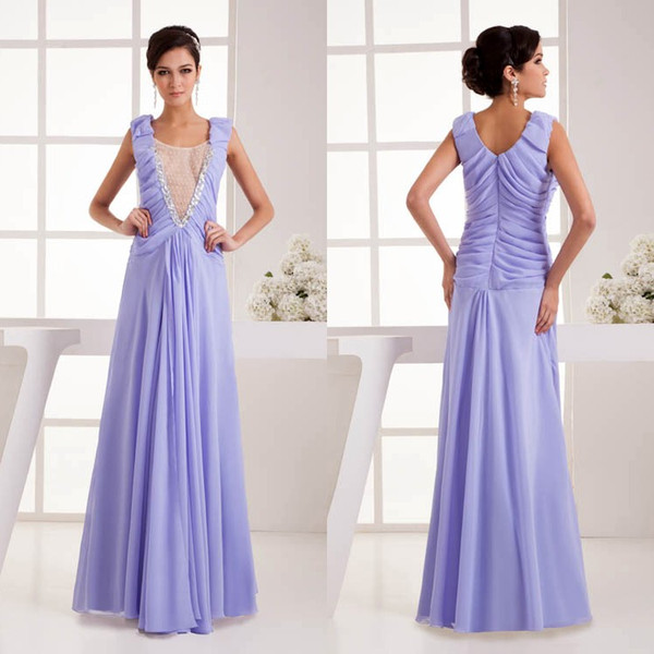 Lilac Purple Chiffon Bridesmaid Dresses Long Crystal Beaded Deep V-Neck Evening Gowns Sexy Pearl Sheer Neck Prom Dress WD4-1361