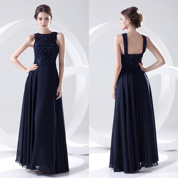 Navy Blue Elegant Beaded Evening Party Gowns Lace Tops Formal Wedding Guest Maid Of Honor Dress Chiffon Bridesmaid Dresses ZPT230