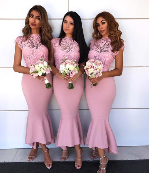 Blush Pink Short Lace Bridesmaid Dresses Front Short Back Long High Neck Cap Sleeve Mermaid Maid Of Honor Gowns Formal Gowns B83