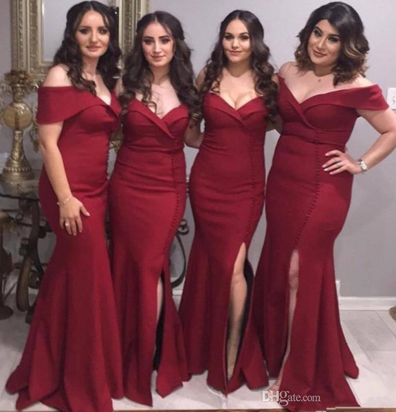 Burgundy Mermaid Sexy Bridesmaid Dresses New Hot Selling Custom Floor Length Side Split Off-the-shoulder Satin Maid of Honor Gowns B69