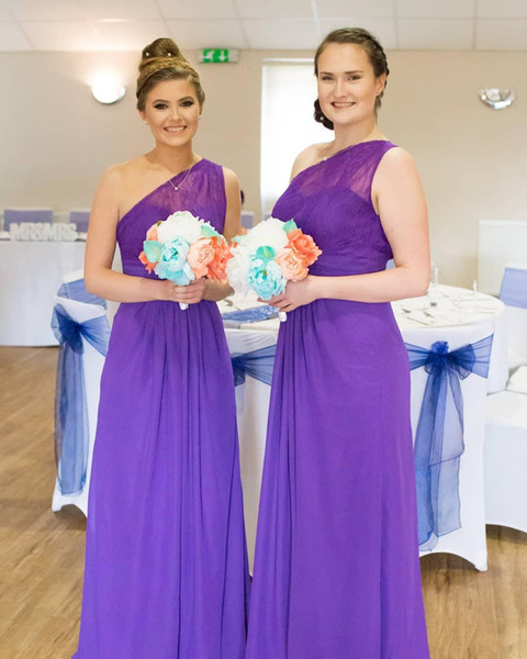 One Shoulder Lace Purple Bridesmaid Dresses New Hot Selling Cheap Chiffon Sheath Long Maid Of Honor Gowns Wedding Guest Dresses B76