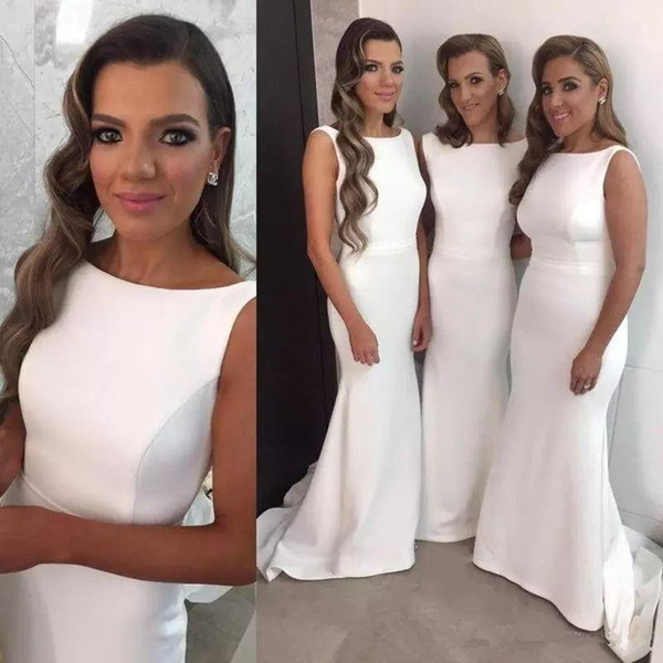 White Mermaid Satin Bridesmaid Dresses New Design Simple Style Sweep Train Scoop Neckline Wedding Formal Evening Party Gowns 2017 B85