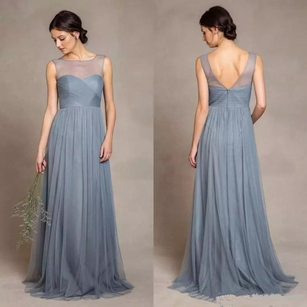 Gray Tulle Sheeer Bridesmaid Dresses New Custom Sweep Train Scoop Nekcline Pleats A-Line Backless Wedding Guest Evening Party Gowns B66