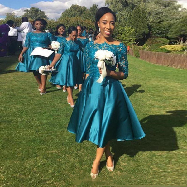 Turquoise Short Lace Bridesmaid Dresses New Hot Selling Scoop Neckline Satin A-Line Tea Length Half Sleeve Wedding Prom Gowns B92
