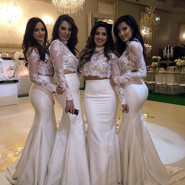 Two Pieces White Lace Bridesmaid Dresses New Sweep Train High Neck Mermaid Long Sleeve Maid Of Honor Gowns Party Prom Dress B80