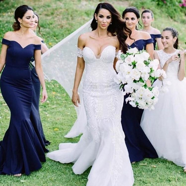 Navy Blue Mermaid Long Bridesmaid Dresses New Design Custom Elegant Off-the-shoulder Taffeta Bridesmaid Gowns Wedding Guest Dresses B92