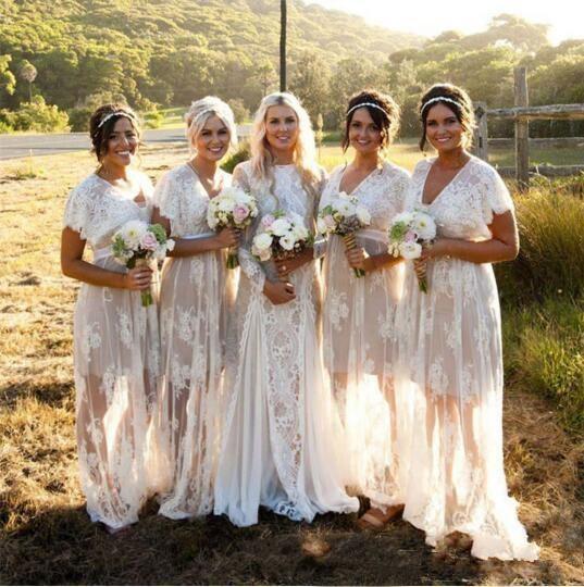 Bohemain Lace Long Bridesmaid Dresses New Design Custom Made V-Neck Short Sleeve Beach Sheer Evening Party Gowns Formal Prom Dress B91
