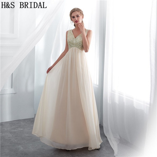 Sequins chiffon long bridesmaid dresses v neck cheap simple girls party prom dresses vestidos de soiree