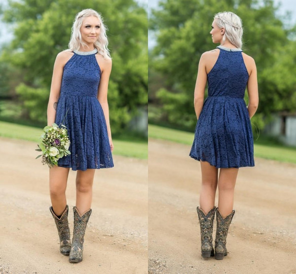 High Quality Navy Blue Bridesmaid Dresses For Western Country Weddings Jewel Neck Full Lace A Line Sleeveless Mini Maid Of Honor Gowns