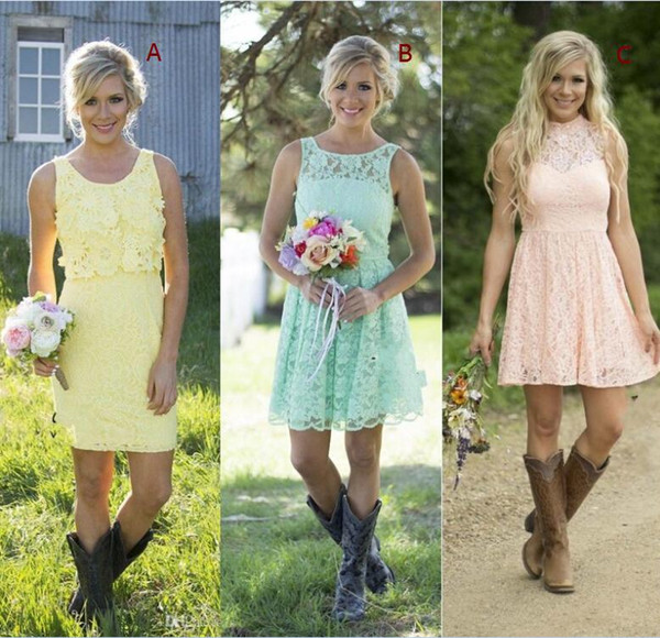 Country Style Short Lace Bridesmaid Dresses Mixed Style Formal Dress For Junior And Adult Bridesmaid Knee-length Wedding Party Dresses
