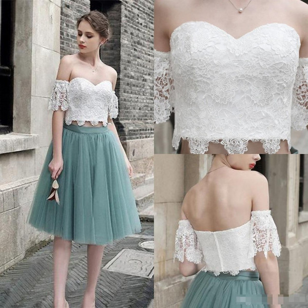 Hot Sell Two Pieces Short Summer Bridesmaids Dresses A Line Off Shoulder Boho Wedding Party Gowns Knee Length Homecoming Cocktail Gown