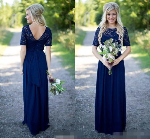 Country Bridesmaid Dresses Hot Long For Weddings Navy Blue Chiffon Short Sleeves Illusion Lace Beads Floor Length Maid Honor Gowns