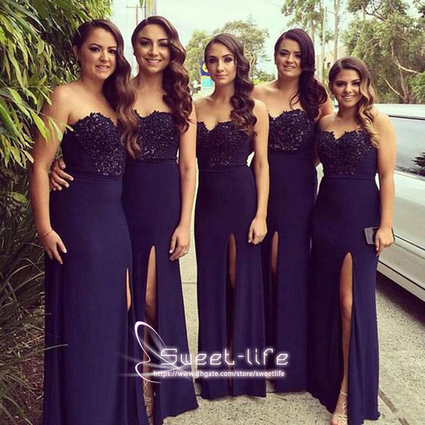 Navy Blue Sheath Bridesmaid Dress Sweetheart Strapless Appliques Lace Beads High Splits Ankle Length Prom Dresses Evening Ball Gown