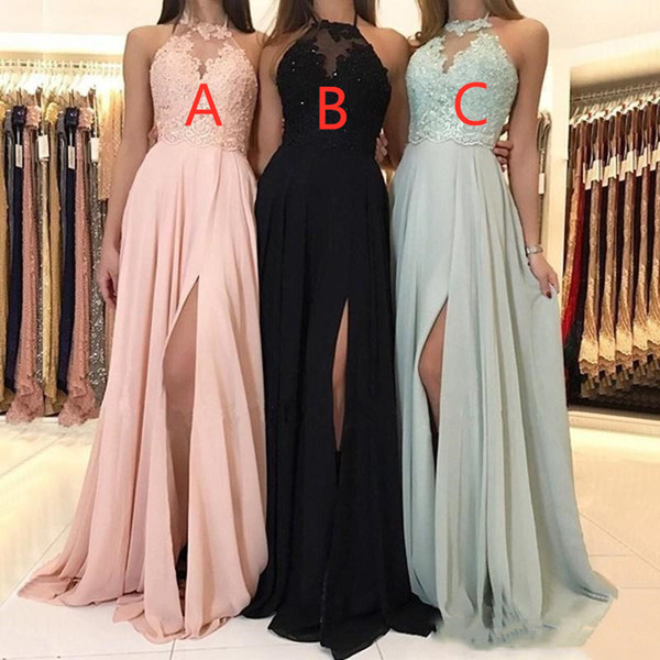 New Bridesmaid Dresses Chiffon Lace Appliques Halter Neck Front Split A-Line Floor Length Maid Of Honor Dresses