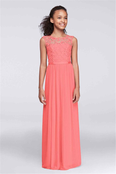 Junior Bridesmaid Dresses Chiffon with Lace Coral,Lavender,Light Sky Blue Girls Party Dresses Cheap 2017 New Arrival