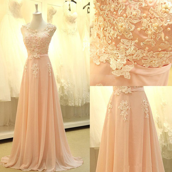 2017 New Elegant Chiffon Peach Lace Applique Beaded Long Bridesmaid Dresses Sleeveless Floor Length Party Evening Dresses Custom Made