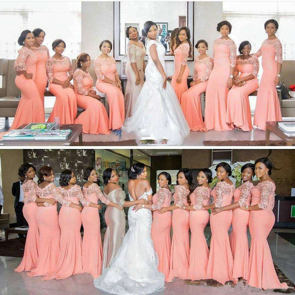 2017 Arabic African Coral Lace Long Mermaid Bridesmaid Dresses with Half Sleeves Plus Size Party Dress Beautiful Bridemaid Dresses Custom Ma