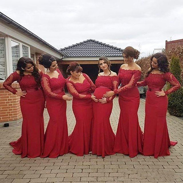 Hot Red Bridesmaid Dresses Long Sleeves Bateau Neck Cheap Formal Party Wear Maid of Honor Dresses Mermaid Wedding Guest Gowns