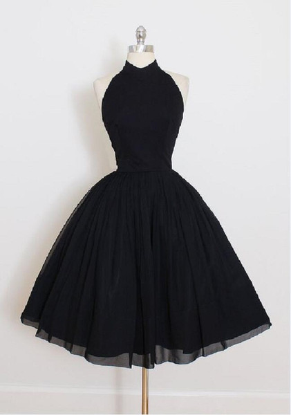 Sexy Halter Backless Black Bridesmaid Dresses 2017 Ruffled Chiffon Cheap Wedding Guest Dresses Short Knee Length Girls Formal Party Gowns