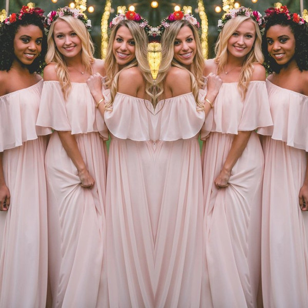 Latest Blush Pink Bohemian-Style Bridesmaid Dresses Sexy Ruched Off Shoulder Chiffon Long Prom Dresses Cheap Pretty Party Dress For Weddings