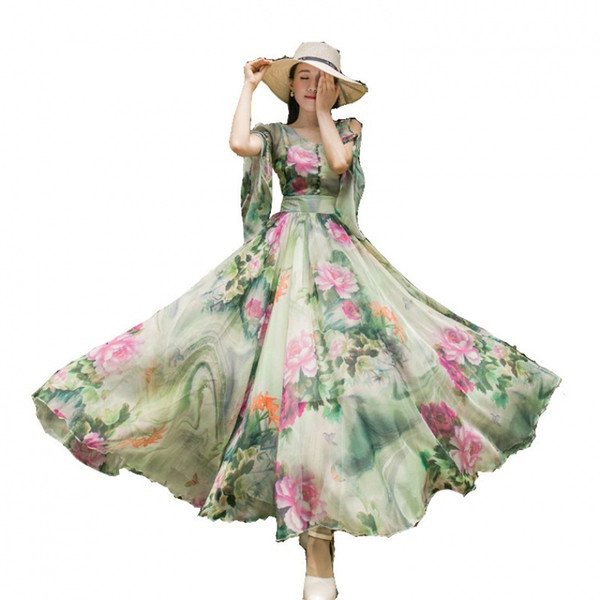 Self-cultivation Dress Printing Chiffon Dress Woman Long Floral beach dress