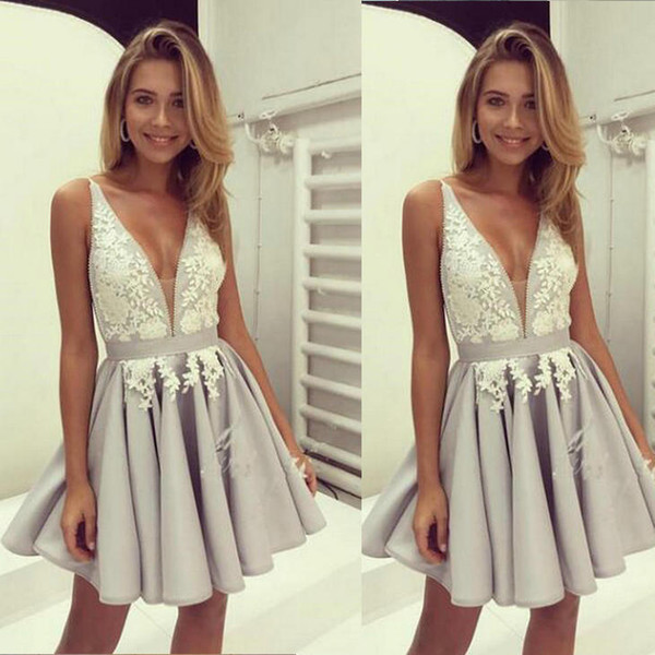 New style Short/Mini Satin Applique Homecoming Dresses Casual Dresses Short Bridesmaid Dresses v-neck DK055